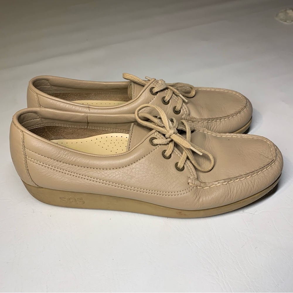 SAS Siesta Tan Beige Lace Up Moc Toe Flats Loafers Women’s Size 9.5 N